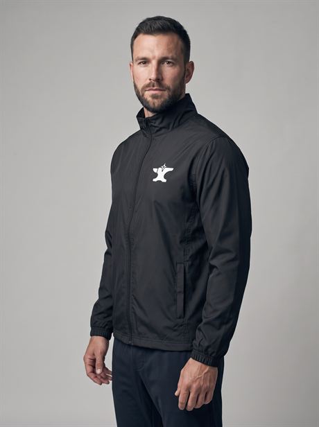 Black windbreaker jacket, front view — AI-generated product photo, same male model, frame 3 of 25