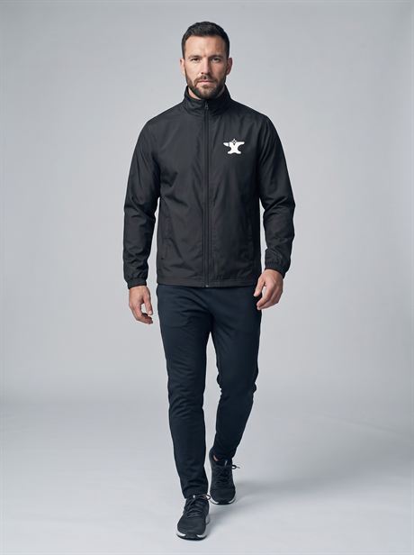 Black windbreaker jacket, full-length walking shot — AI-generated product photo, same male model, frame 8 of 25