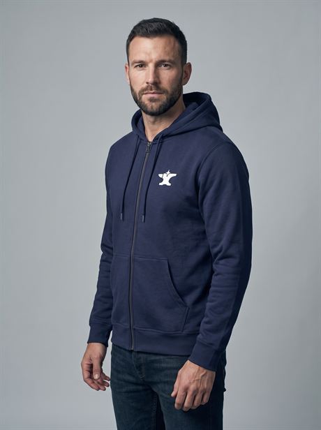 Navy zip-up hoodie, three-quarter view — AI-generated product photo, same male model, frame 12 of 25