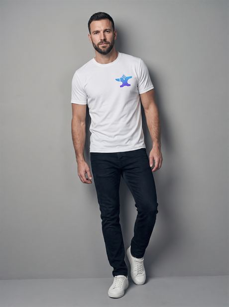 White cotton T-shirt, full-length walking shot — AI-generated product photo, same male model, frame 14 of 25