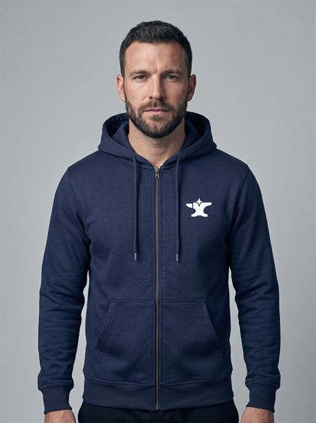 Navy zip-up hoodie, waist-up front view — AI-generated product photo, same male model, frame 15 of 25