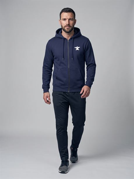 Navy zip-up hoodie, full-length walking shot — AI-generated product photo, same male model, frame 16 of 25