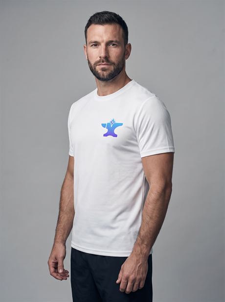 White cotton T-shirt, three-quarter view — AI-generated product photo, same male model, frame 17 of 25