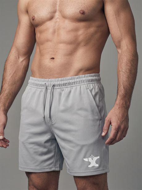Grey sports shorts, close-up crop — AI-generated product photo, same male model, frame 20 of 25