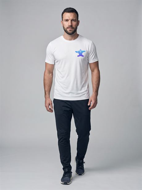 White cotton T-shirt with dark jeans, full-length front view — AI-generated product photo, same male model, frame 21 of 25