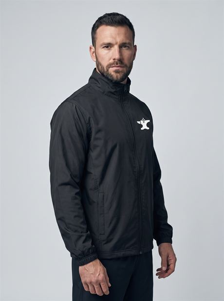 Black windbreaker jacket, three-quarter view — AI-generated product photo, same male model, frame 22 of 25