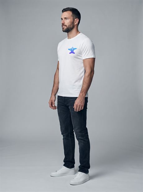 White cotton T-shirt, full-length side view — AI-generated product photo, same male model, frame 23 of 25