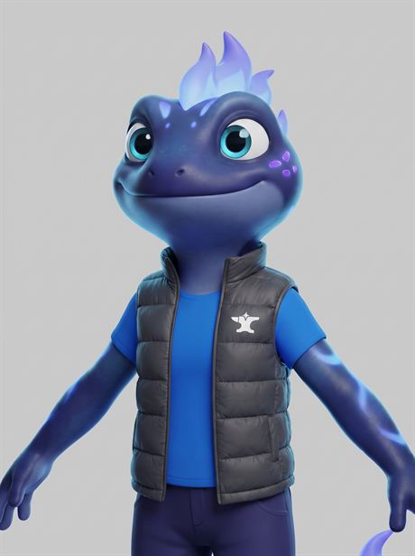 Grey puffer vest worn, waist-up — AI-generated product photo, same brand mascot, frame 1 of 25