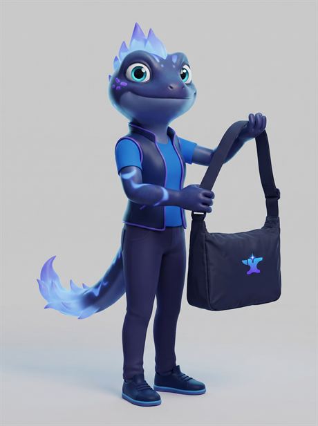 Navy shoulder bag held by the strap — AI-generated product photo, same brand mascot, frame 3 of 25
