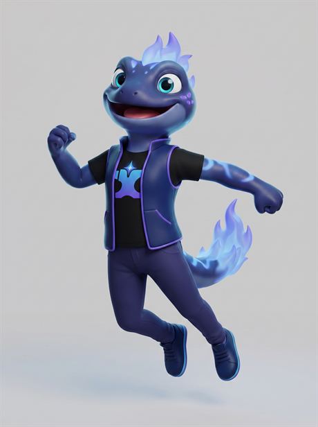 Black T-shirt worn, mid-stride — AI-generated product photo, same brand mascot, frame 5 of 25