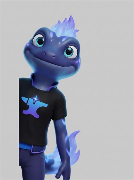 Black T-shirt worn, three-quarter close-up — AI-generated product photo, same brand mascot, frame 6 of 25