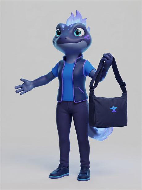 Navy shoulder bag held out to the side — AI-generated product photo, same brand mascot, frame 7 of 25