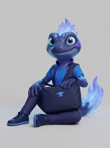 Navy shoulder bag, seated on the floor — AI-generated product photo, same brand mascot, frame 8 of 25