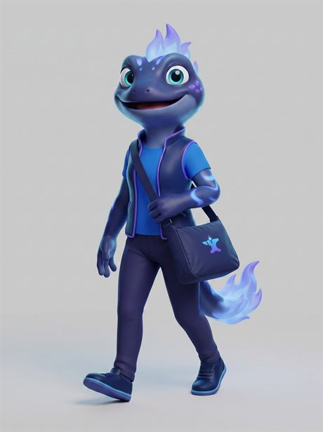 Navy shoulder bag worn across the body, walking — AI-generated product photo, same brand mascot, frame 9 of 25