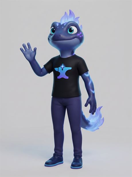 Black T-shirt worn, waving — AI-generated product photo, same brand mascot, frame 10 of 25
