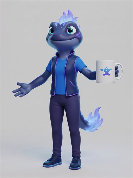 White ceramic mug held at arm's length — AI-generated product photo, same brand mascot, frame 13 of 25