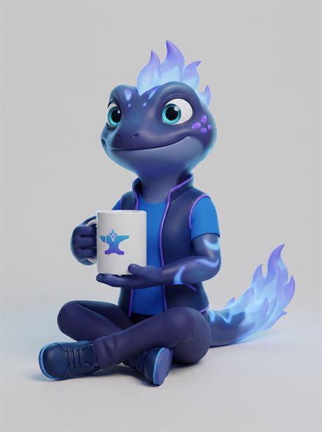 White ceramic mug, seated cross-legged — AI-generated product photo, same brand mascot, frame 14 of 25