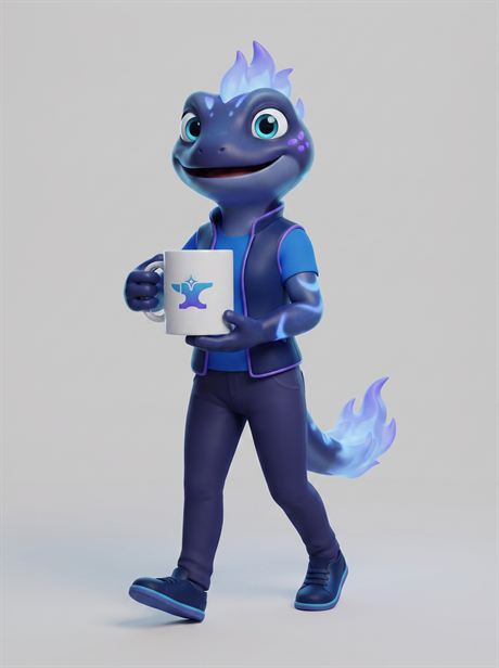 White ceramic mug held while walking — AI-generated product photo, same brand mascot, frame 15 of 25