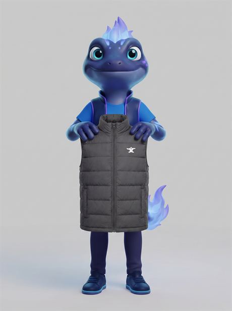 Grey puffer vest held up to show the front — AI-generated product photo, same brand mascot, frame 16 of 25