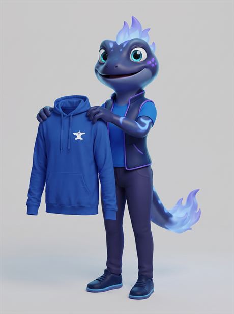 Blue hoodie held up on display — AI-generated product photo, same brand mascot, frame 17 of 25