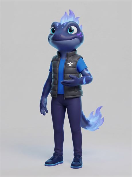 Grey puffer vest worn, full length — AI-generated product photo, same brand mascot, frame 18 of 25