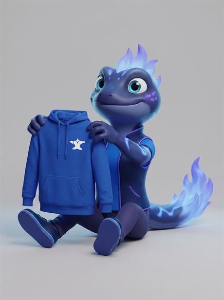 Blue hoodie held up, kneeling — AI-generated product photo, same brand mascot, frame 19 of 25