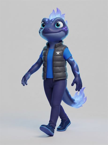 Grey puffer vest worn, walking — AI-generated product photo, same brand mascot, frame 20 of 25
