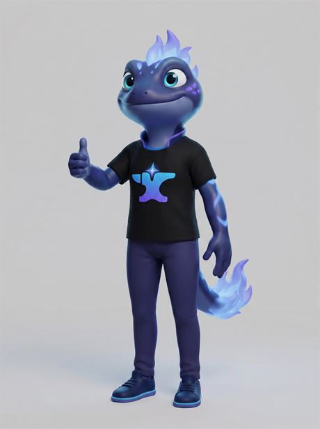 Black T-shirt worn, thumbs up — AI-generated product photo, same brand mascot, frame 21 of 25