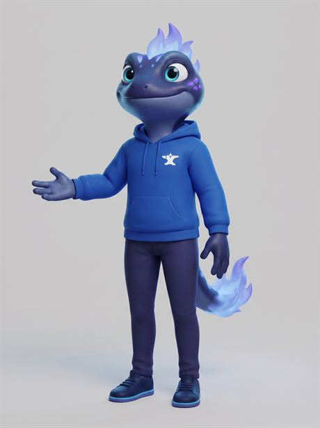 Blue hoodie worn, gesturing — AI-generated product photo, same brand mascot, frame 22 of 25