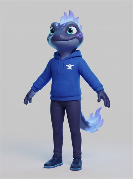 Blue hoodie worn, front view — AI-generated product photo, same brand mascot, frame 24 of 25