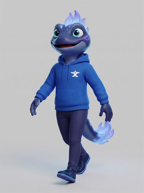 Blue hoodie worn, side view — AI-generated product photo, same brand mascot, frame 25 of 25