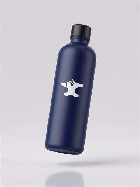Navy water bottle, tilted mid-air — AI-generated product photo, nobody in the frame, frame 10 of 25