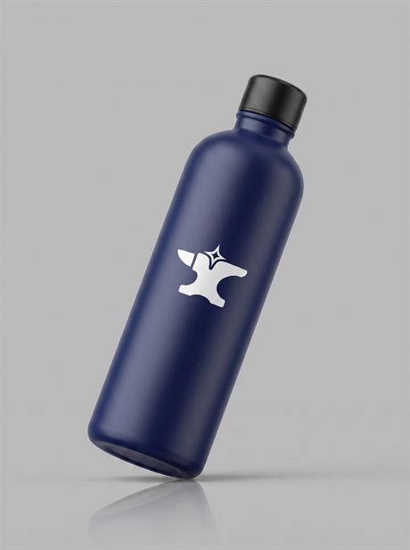 Navy water bottle, tilted on a grey background — AI-generated product photo, nobody in the frame, frame 13 of 25