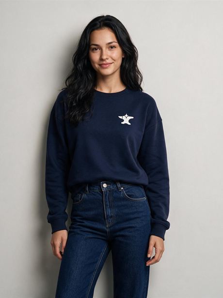 Navy sweatshirt with jeans, front view — AI-generated product photo, same female model, frame 6 of 25