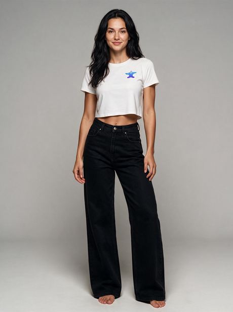 White cropped T-shirt with wide-leg jeans, full-length front view — AI-generated product photo, same female model, frame 11 of 25