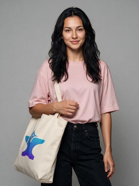 Canvas tote bag held at the side, waist-up — AI-generated product photo, same female model, frame 16 of 25