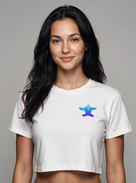 White T-shirt with a chest print, close-up — AI-generated product photo, same female model, frame 22 of 25