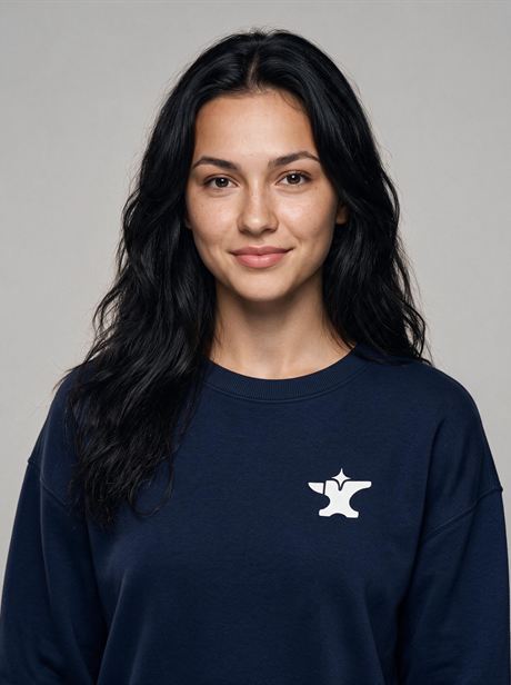 Navy sweatshirt, close-up portrait — AI-generated product photo, same female model, frame 24 of 25